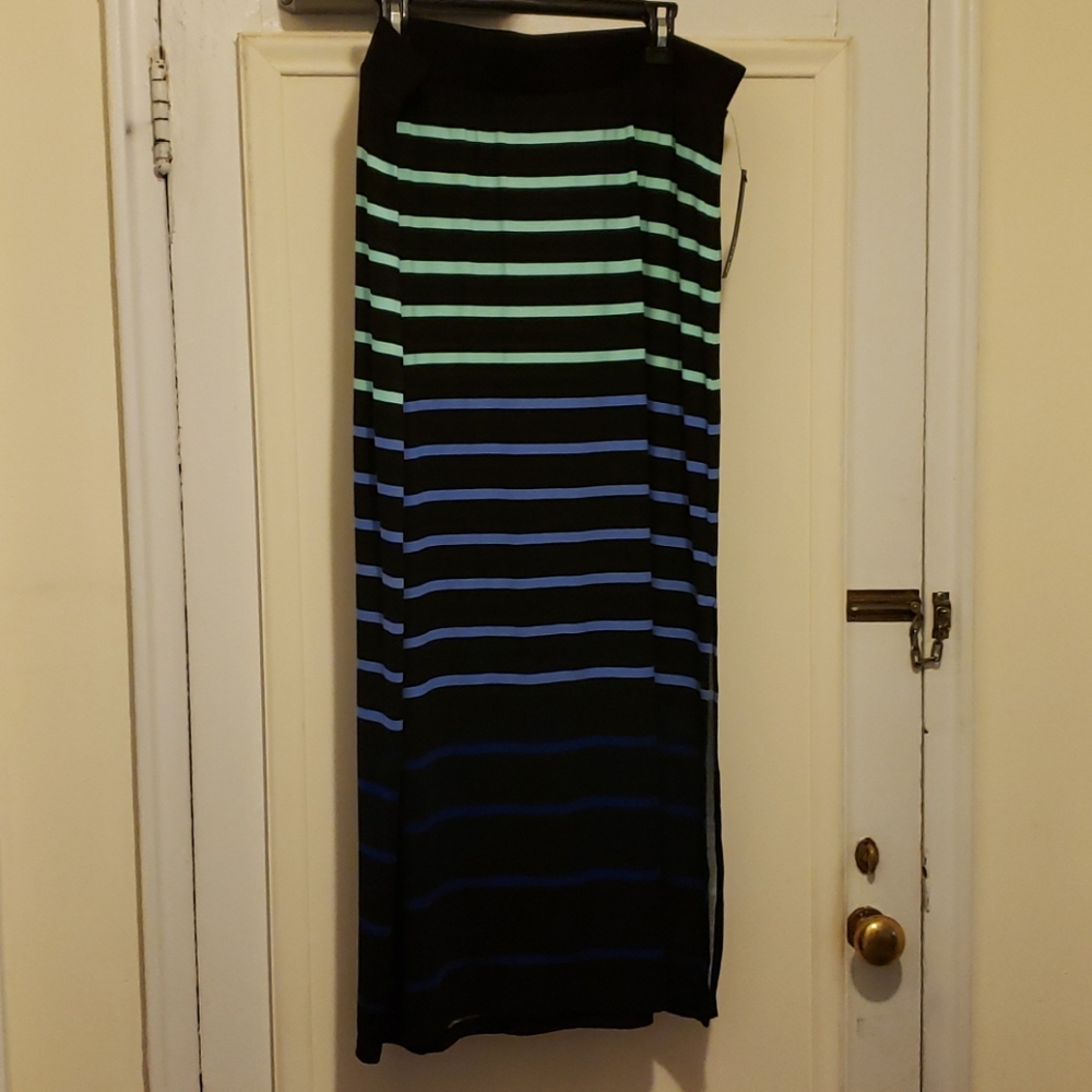 Apt. 9 Maxi Skirt Black with Green-Blue Stripes